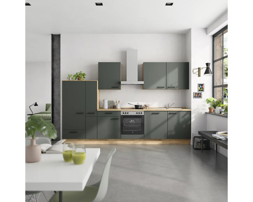 NOBILIA Küchenzeile mit Geräten Urban 330 cm mineralgrün matt montiert Variante links