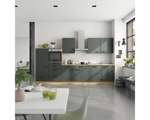 NOBILIA Küchenzeile mit Geräten Urban 360 cm mineralgrün matt montiert Variante links