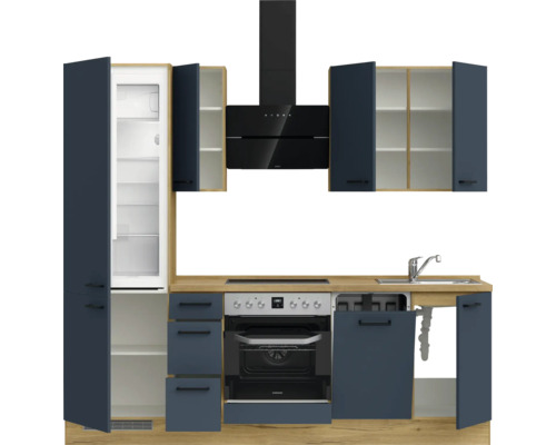 Komplette Küchenzeile mit Einbaugeräten, Spüle, Dunstabzugshaube, Kühlschrank und Backofen