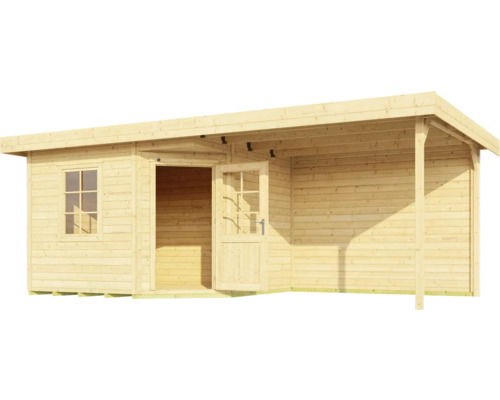 Abri de jardin en bois avec fenêtre, porte et véranda
