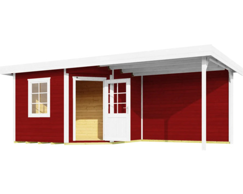 Abri de jardin rouge en bois avec fenêtre et porte ouverte