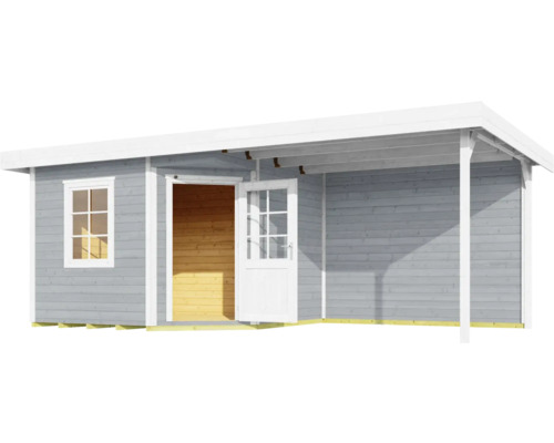 Abri de jardin en bois avec fenêtre et porte ouverte