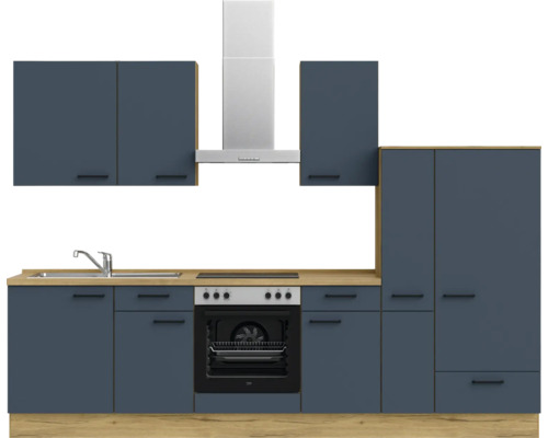 Komplette Küchenzeile mit Spüle, Herd, Dunstabzugshaube und Schränken