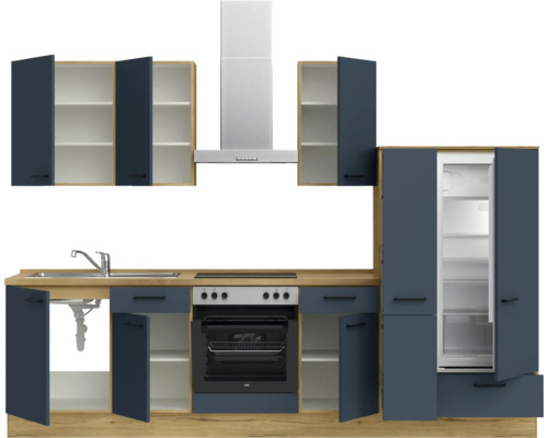Komplette Küchenzeile mit Spüle, Herd, Backofen, Dunstabzugshaube, Hänge- und Unterschränken sowie Kühlschrank
