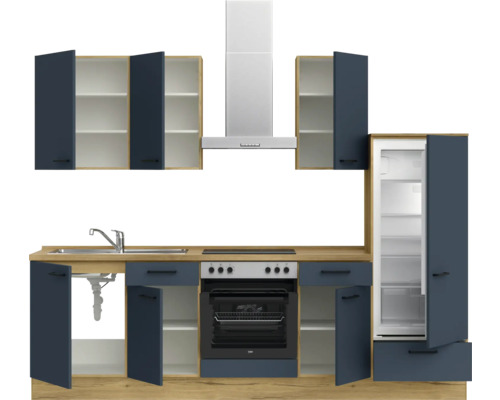 Küchenzeile mit Spüle, Herd, Dunstabzugshaube und Kühlschrank