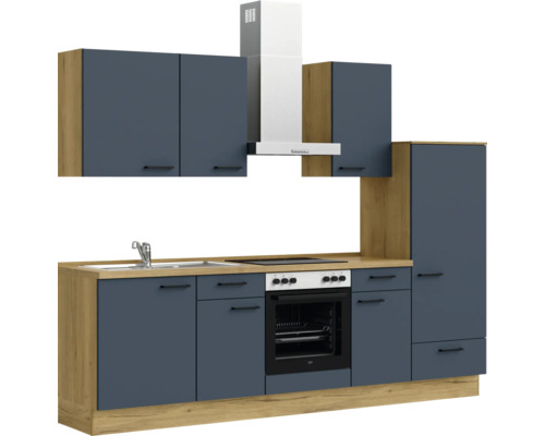 Komplette Küchenzeile mit Ober- und Unterschränken, Spüle, Herd und Dunstabzugshaube