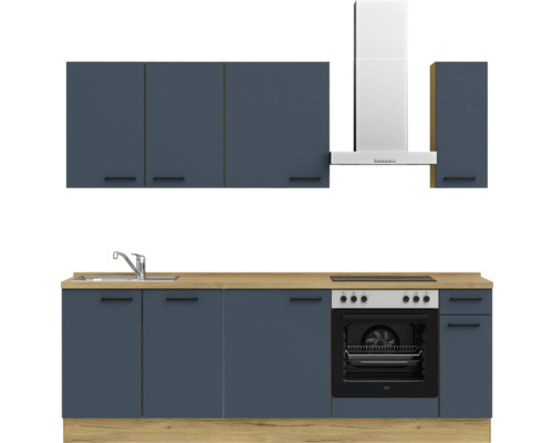Komplette Küchenzeile mit Spüle, Kochfeld, Backofen, Dunstabzugshaube und Ober- sowie Unterschränken