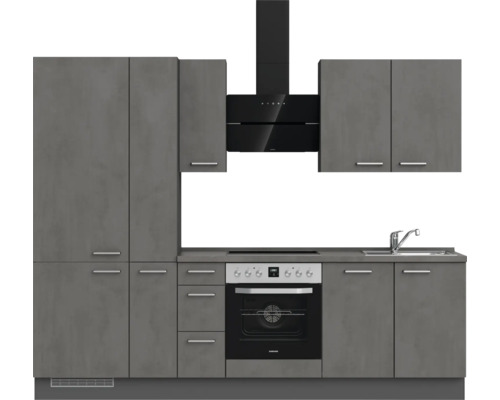 Cuisine moderne avec armoires grises, hotte aspirante et cuisinière électrique