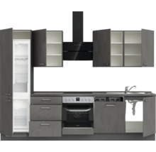 Küchenzeile mit Kühlschrank, Herd, Spüle und Dunstabzugshaube