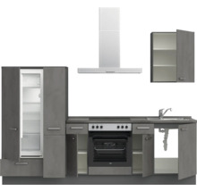 Küchenzeile mit Kühlschrank, Herd, Spüle, Dunstabzugshaube und Hängeschrank