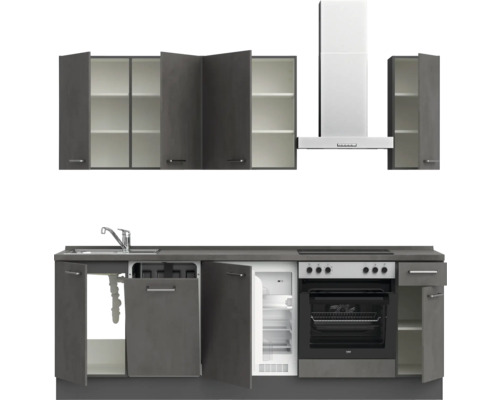 Komplette Küchenzeile mit Spüle, Kochfeld, Backofen, Dunstabzugshaube, Kühlschrank und Schränken