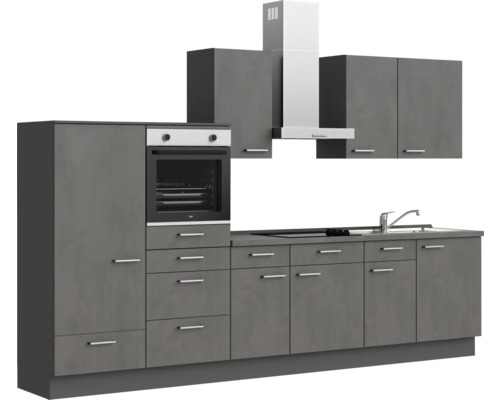 Komplette Küchenzeile mit Spüle, Herd, Backofen, Dunstabzugshaube und Schränken