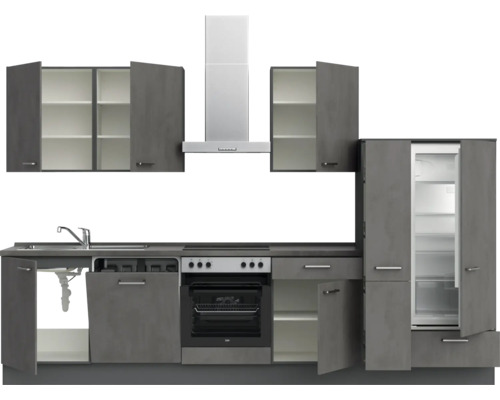 Komplette Küche mit Spüle, Geschirrspüler, Herd, Backofen, Dunstabzugshaube, Hängeschränken und Kühlschrank