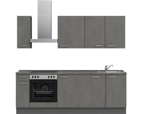 Cuisine complète avec éléments hauts, hotte aspirante, évier et cuisinière électrique