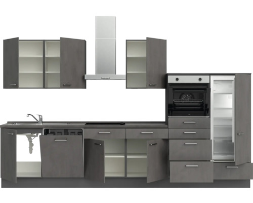 Komplette Küche mit Spüle, Geschirrspüler, Kochfeld, Dunstabzugshaube, Backofen und Kühlschrank