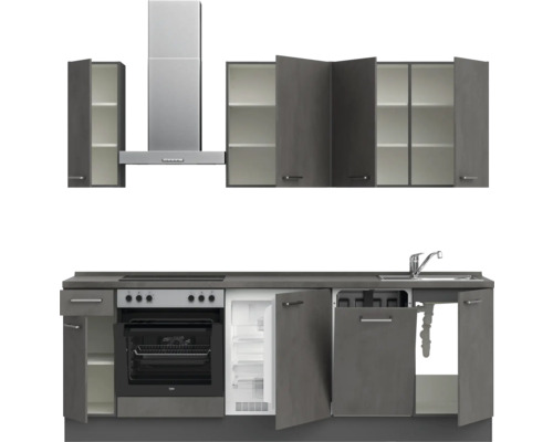 Cuisine équipée avec éléments hauts, hotte aspirante, évier, réfrigérateur et cuisinière