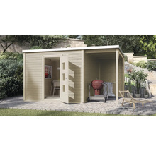 Abri de jardin avec véranda ouverte, barbecue et mobilier de jardin sur une terrasse.