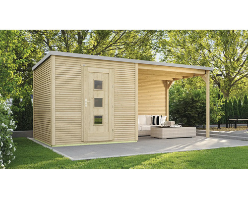 Gartenhaus weka Designhaus 413 B Gr. 2 inkl. selbstklebende Dachfolie, Fußboden, Dachanbau mit Rückwand 610 x 310 cm natur