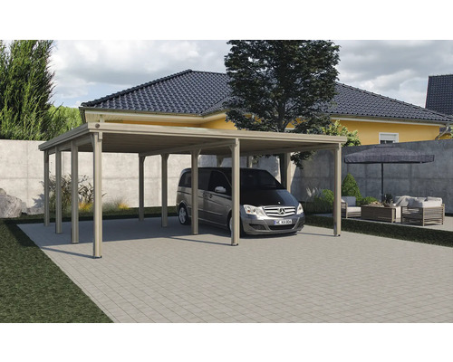 Carport double weka 618 Taille 2 sans revêtement de toit 576 x 591 cm traité en autoclave par imprégnation