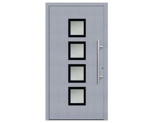 Haustür Aluminium/PVC Smart A08 2.0 RC2 grau 1000x2100 Rechts inkl. Beschlagset,Stangengriff,Profilzylinder inkl. 3 Schlüssel Haustür mit vier quadratischen Glaseinsätzen und Stangengriff