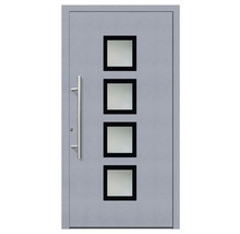 Porte d''entrée grise avec quatre inserts en verre carrés et une poignée en métal