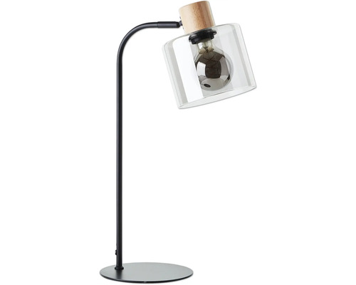 Lampe de table avec base en métal, détails en bois et abat-jour en verre
