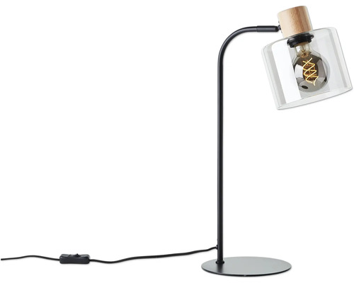 Lampe de table avec abat-jour en verre et détails en bois