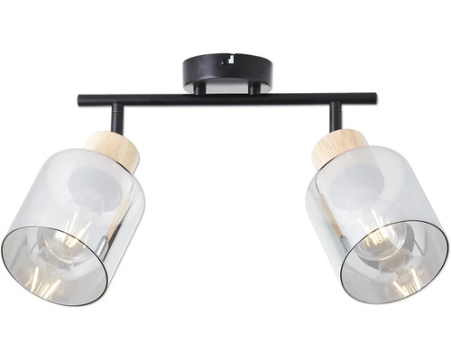 Deckenleuchte mit zwei Rauchglaslampenschirmen und Holzelementen