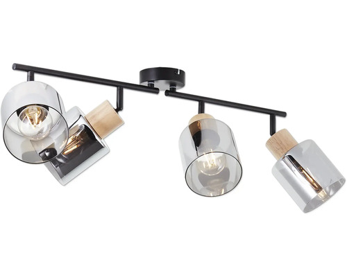 Deckenleuchte mit vier Strahlern aus Glas und Holz