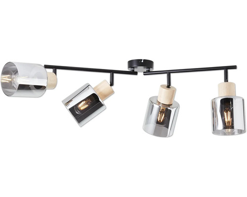 Deckenleuchte mit vier Strahlern aus Metall und Holz