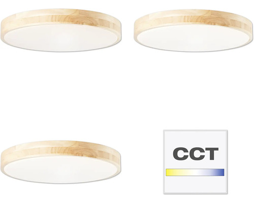 Drei runde LED Deckenleuchten mit Holzrahmen und CCT-Symbol zur Farbtemperatursteuerung