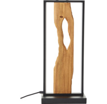 Dekorative Tischleuchte mit Holzdetails in einem schwarzen Rahmen