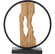Dekorative Tischleuchte mit Holzdetail in einem schwarzen Kreis