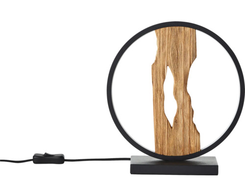 Lampe de table avec structure en bois et cadre rond noir