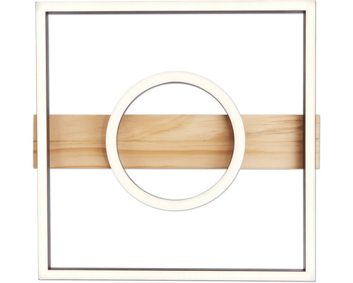 Quadratische LED Wandleuchte mit Holzapplikation und kreisförmiger Leuchte