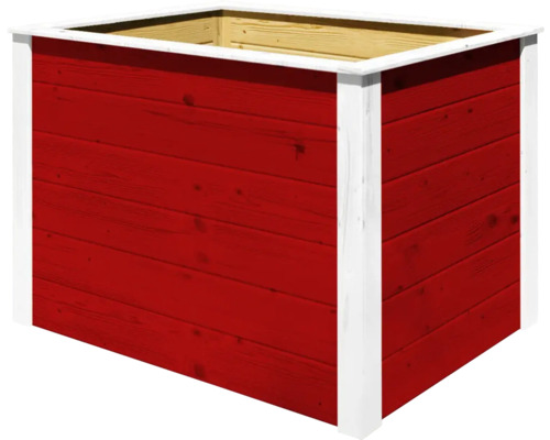 Roter Pflanzkasten aus Holz mit weißem Rahmen