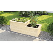 Holz Pflanztrog mit Kräutern und Tomatenpflanze im Garten.