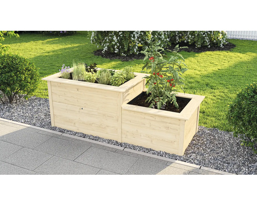 Carré potager classique weka potager en étages 669 205 x 79 x 81 cm naturel Jardinière en bois avec herbes et plant de tomate dans le jardin.