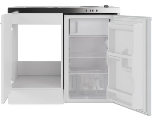 Mini-cuisine avec réfrigérateur et compartiment d''armoire ouvert