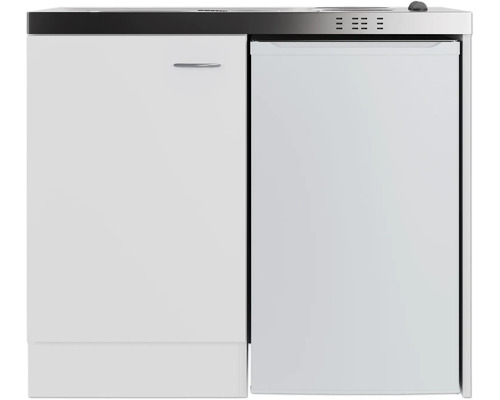 Cuisine compacte avec évier, meuble bas et réfrigérateur