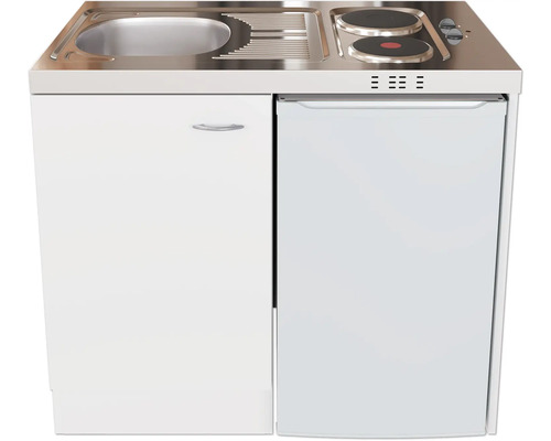 Cuisine compacte avec évier, plaque de cuisson et réfrigérateur en blanc