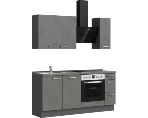 Cuisine complète avec éléments hauts, hotte aspirante, évier, plaque de cuisson et four