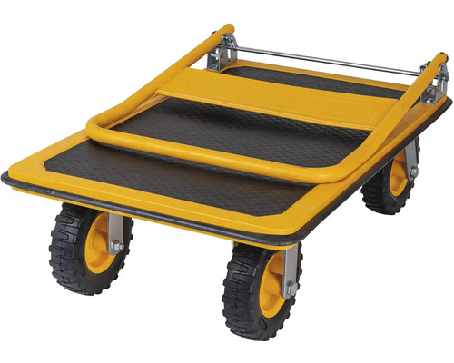 Gelber Plattformwagen mit klappbarem Griff und vier Rädern