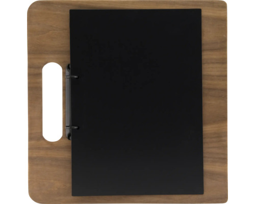 Speisekarte mit Holzbrett und schwarzem Einlegeblatt