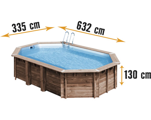 Ensemble de piscine hors sol en bois Gre ovale 632x335x130 cm avec groupe  de filtration à sable, skimmer, échelle, sable de filtration et intissé de  protection du sol bois - HORNBACH Luxembourg