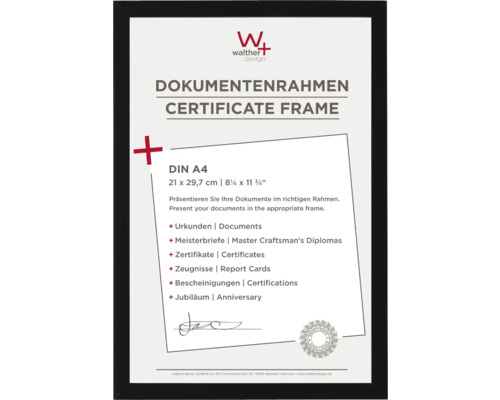 Dokumentenrahmen Holz Peppers schwarz 21x29,7 cm (DIN A4) Schwarzer Dokumentenrahmen für Urkunden im Format DIN A4