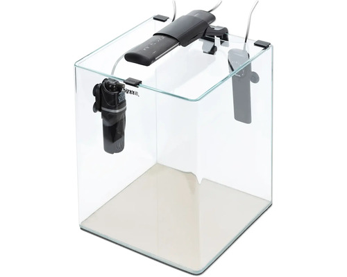 Aquarium OptiBent 30 noir, 30 l avec éclairage LED, chauffage, filtre intérieur et support, nano-aquarium en verre blanc