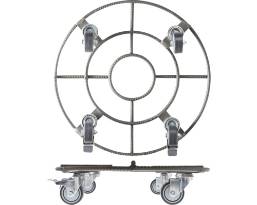 Support à plantes en acier avec roulettes, vue de dessus et vue de côté