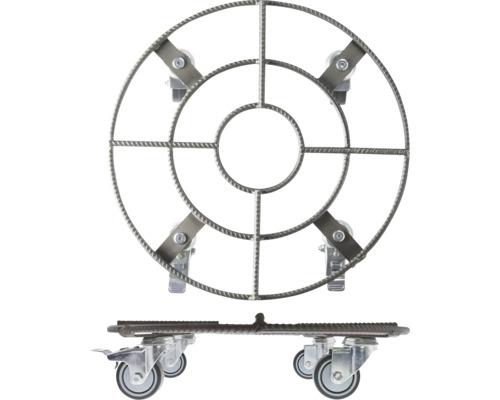 Support à plantes en acier avec roulettes, vue de dessus et vue latérale