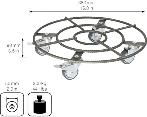 Support à roulettes en acier avec quatre roues, diamètre 380 mm